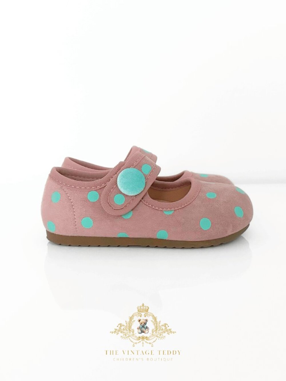 NWT Adorable Girls Flats Children's Shoes Kids Shoes Mauve & Aqua Polkadots 9 - Picture 3 of 4